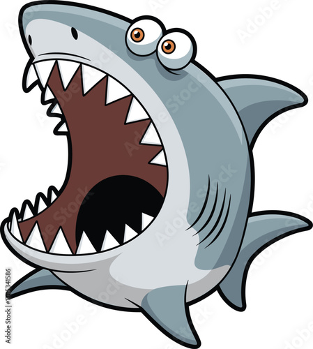Cartoon shark character, exaggerated expression, open mouth, sharp teeth, bulging eyes, humorous pose, vector illustration, digital artwork, ocean theme