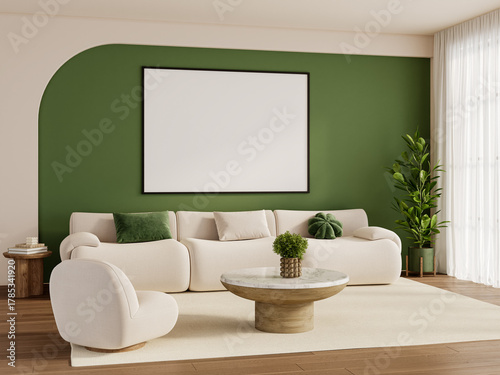 Modern Living Room Interior with Green Accent Wall and Minimalist Wall Frame – Scandinavian Design with Natural Light and Cozy Neutral Sofa