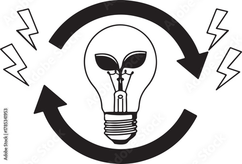 Sustainable Energy Cycle with Lightbulb and Plant. Green power, eco-friendly, and renewable resource graphic