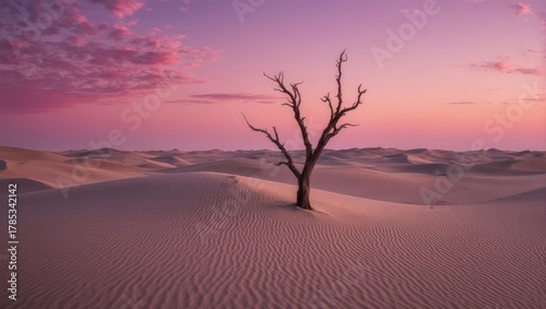 Desert scene at dusk, with a lone skeletal tree silhouetted against a colorful sky