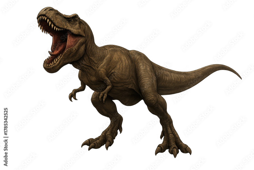 Fototapeta premium Tyrannosaurus rex predator roaring with open mouth showing sharp teeth, standing on transparent background, a prehistoric dinosaur