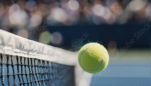 A tennis ball is suspended mid-air near the net during a match with blurred spectators in the background