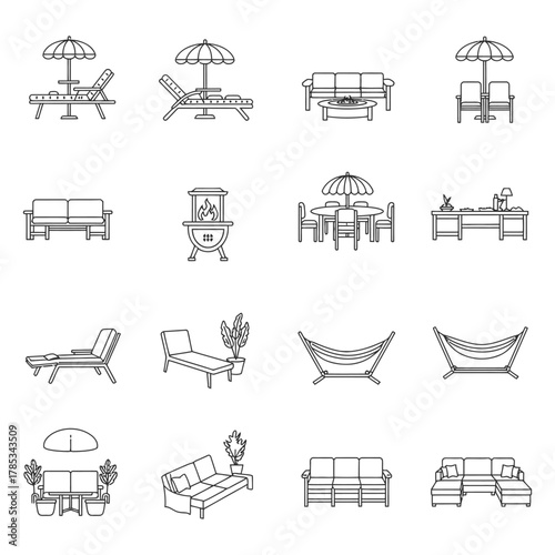 outdoor furniture set line art showcasing patio lounge chairs sofas and dining arrangements for summer backyard design perfect for home decor blogs
