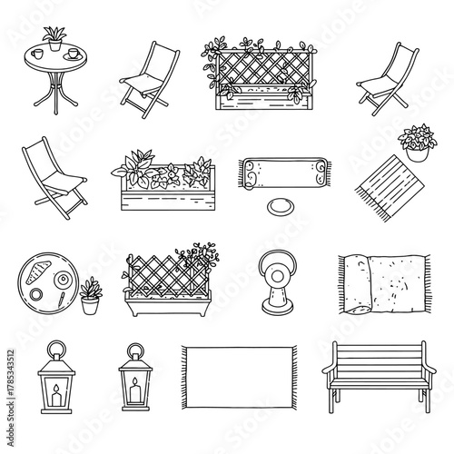 patio furniture set illustration for outdoor living showcasing chairs tables and plants for backyard designs and summer relaxation themes.