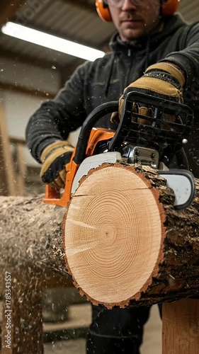 Woodsman Cuts Log With Chainsaw Outdoor Workshop Woodworking Footage