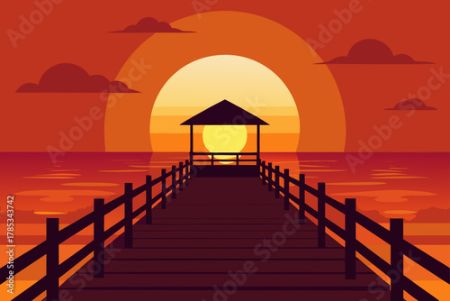 Tranquil pier leading to a gazebo at sunset over the ocean