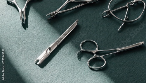Close-up of several polished surgical tools arranged on a textured, dark green surface