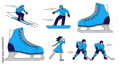 Illustration showcasing various winter sports activities including skiing, snowboarding, ice skating, and hockey, with emphasis on ice skates.