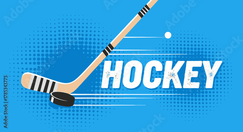 Illustration of a hockey stick hitting a puck with the word "HOCKEY" displayed against a blue halftone background.