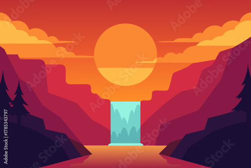 Vibrant sunset over a majestic waterfall and canyon landscape