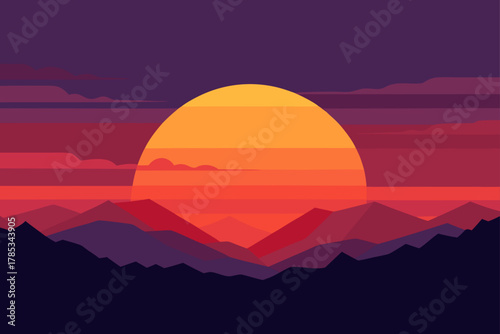 Vibrant sunset over jagged mountain peaks in a flat design style