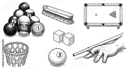 A detailed monochrome illustration featuring billiard equipment: racked balls, a brush, chalk, a cue, a hand, a ball, a net, and a pool table.