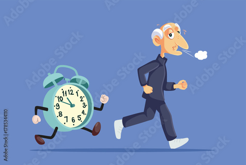 Elderly Man Running Away From the Clock Vector Concept Illustration. Senior male feeling tired trying to outrun time passing by