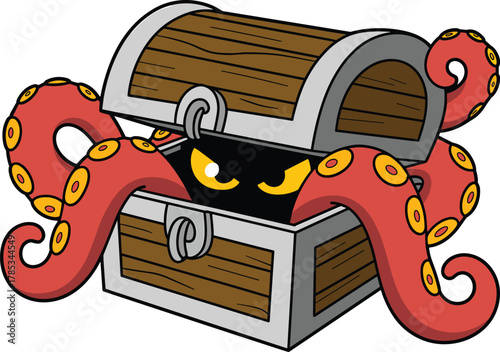 Cartoon treasure chest monster with tentacles, fantasy creature hiding inside wooden box, spooky eyes, octopus arms, surprise element illustration