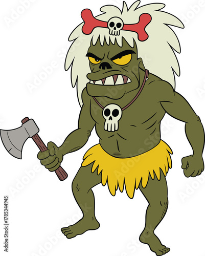Cartoon tribal warrior, green skin, angry face, skull accessories, battle axe, fierce character, vector illustration, digital artwork, fantasy theme