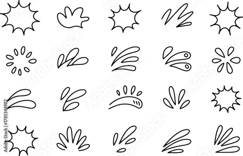 Collection of hand drawn sketchy abstract shapes and elements with dynamic lines representing motion energy and explosions on white background