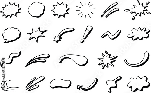 Collection of hand drawn comic book speech bubbles and sound effects elements in black ink on white background for graphic design and illustration