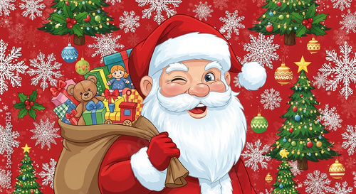 Santa claus winking carrying gift sack christmas pattern