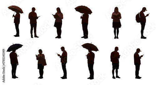silhouettes of people reading phones under umbrellas depicting urban life for websites or marketing materials about city dwellers and digital addiction.