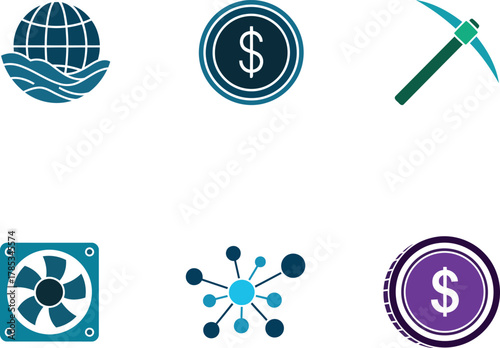 Blockchain Technology and Cryptocurrency Mining Icons for Digital Finance Concept