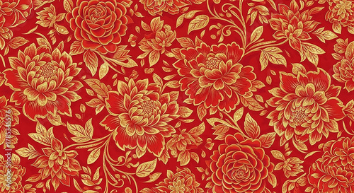 Red and gold traditional chinese floral pattern wallpaper