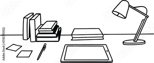A minimalist hand drawn sketch of a desk with books a tablet pen and a desk lamp creating a clean and organized workspace for study or work
