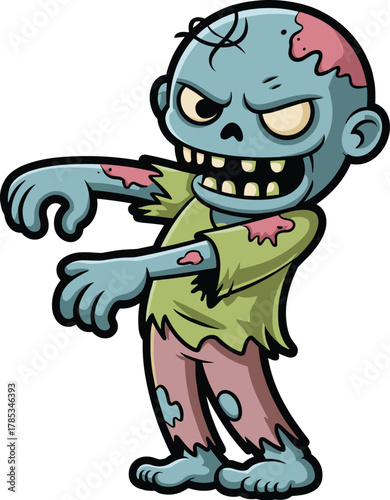 Cartoon zombie character, blue skin, tattered clothes, creepy pose, Halloween theme, vector illustration, digital artwork, horror design, undead creature