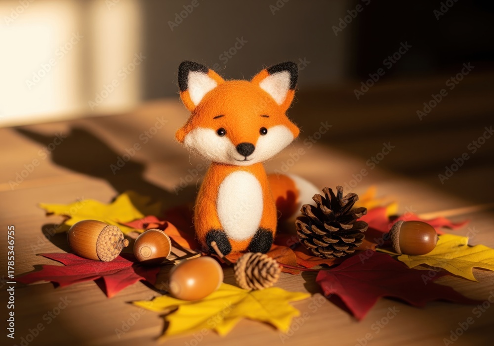 Fototapeta premium Cute felt fox figurine surrounded by autumn leaves, acorns, and pinecones on a wooden table