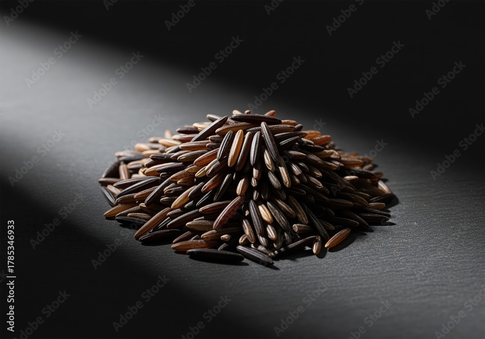Obraz premium Dramatic studio shot of a pile of raw wild rice grains against a dark background