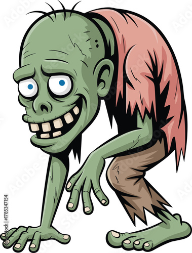 Cartoon zombie character, green skin, bulging eyes, wide grin, crouching pose, tattered clothes, Halloween theme, vector illustration, digital artwork