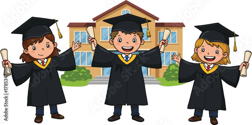 Group of Happy Students in Graduation Gowns Holding Diplomas, School Building in Background, Academic Achievement and Education Success Vector.