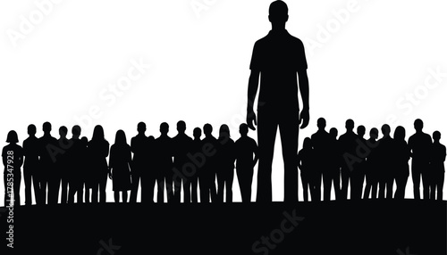 Leadership and Crowd Concept Silhouette, Large Man Standing Out Above Smaller Group, Speaker Addressing an Audience, Isolated Black Figures on White, Public Speaking.