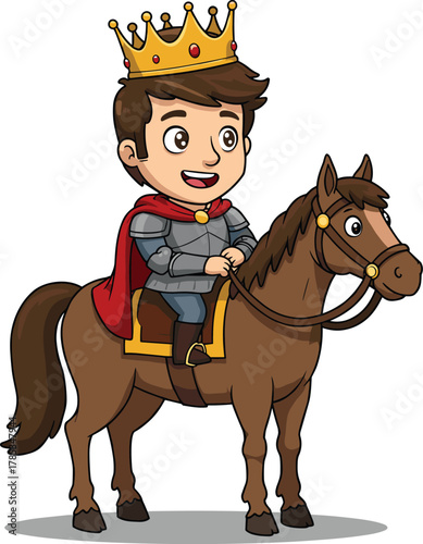 Smiling confident prince or king wearing a golden crown and red cape, riding a brown horse, noble royal character preparing for battle or journey, cartoon vector illustration.