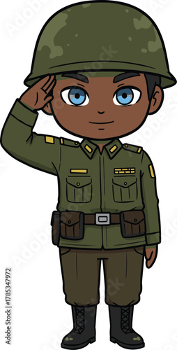 Cute Cartoon Young Soldier Saluting, Military Boy Character in Green Uniform and Helmet, Armed Forces and Patriotism Concept Vector Isolated on White.