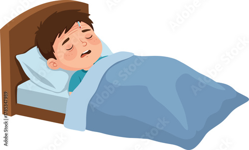 Sick Cartoon Boy in Bed Sweating with Fever, Child Illness and High Temperature Concept, Kid Sleeping Under Blanket, Pediatric Health Vector Illustration.