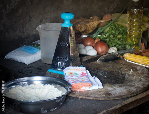 Rustic kitchen table with natural ingredients for a traditional rural meal