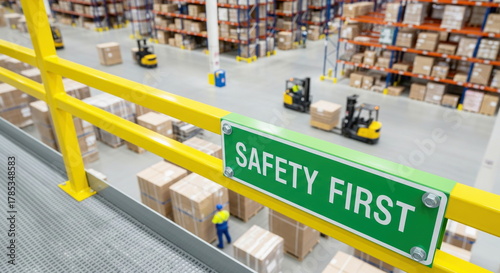 A prominent 'SAFETY FIRST' sign on a yellow railing in a large, active warehouse, highlighting industrial safety and efficient logistics.