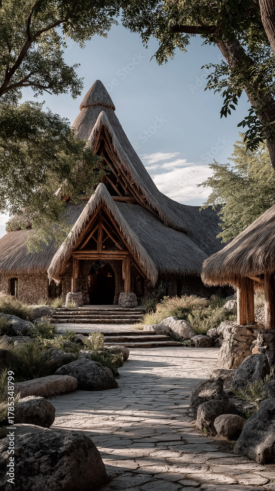Fototapeta premium Timeless Charm: A scenic perspective of a captivating architectural design, evoking tranquility amidst nature. Showcasing a thatched roof building and intricate stone pathway.