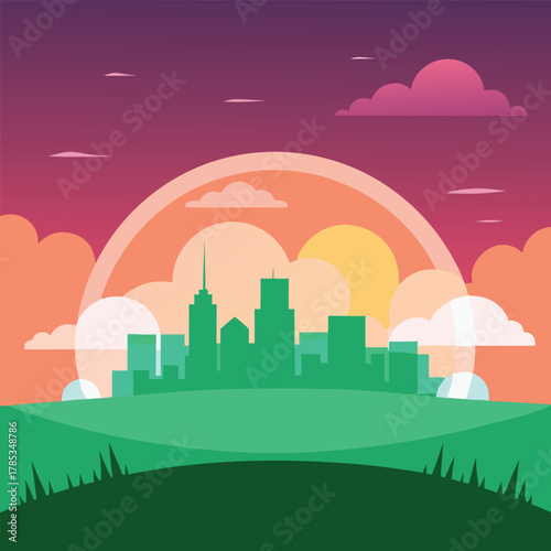 Minimalist city skyline silhouette at sunset with clouds