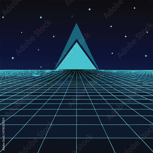 Neon grid landscape with glowing pyramid and stars