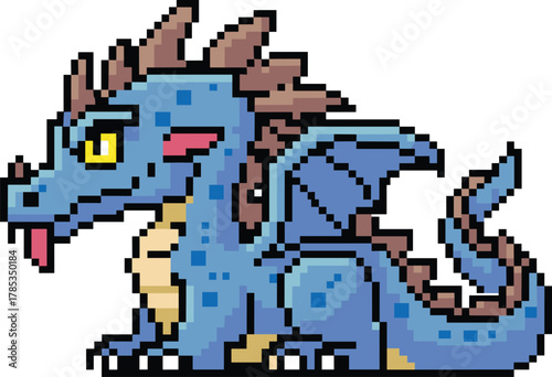 Pixel art blue dragon, yellow eyes, red tongue, cream belly, spiked back, fantasy creature, vector illustration, digital artwork, retro style