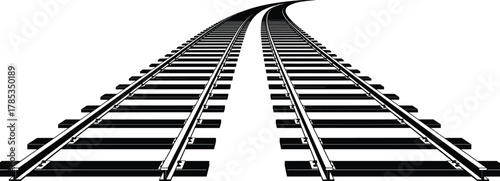 Black and white railway track vector showing curved perspective, parallel lines illusion, vanishing point geometry, optical depth design concept