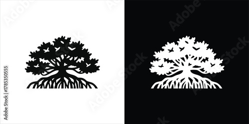 Striking mangrove tree silhouette with sprawling roots, embodying natural resilience and ecological vitality as an iconic graphic design