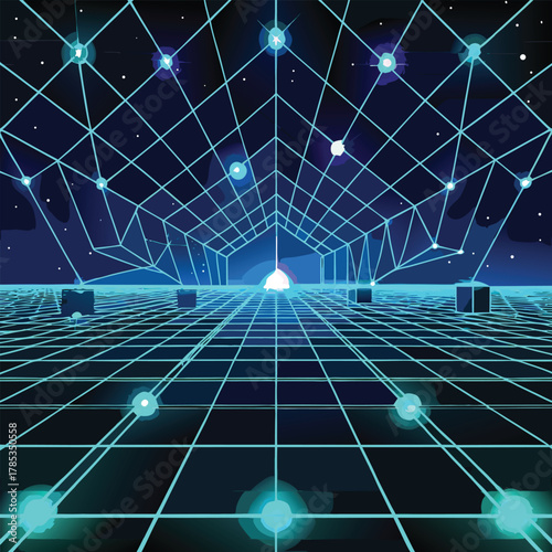 Neon Grid Tunnel With Floating Spheres And Stars abstract