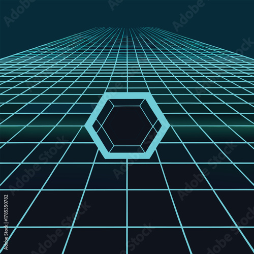 Neon Hexagon Floating Above a Digital Grid Perspective
