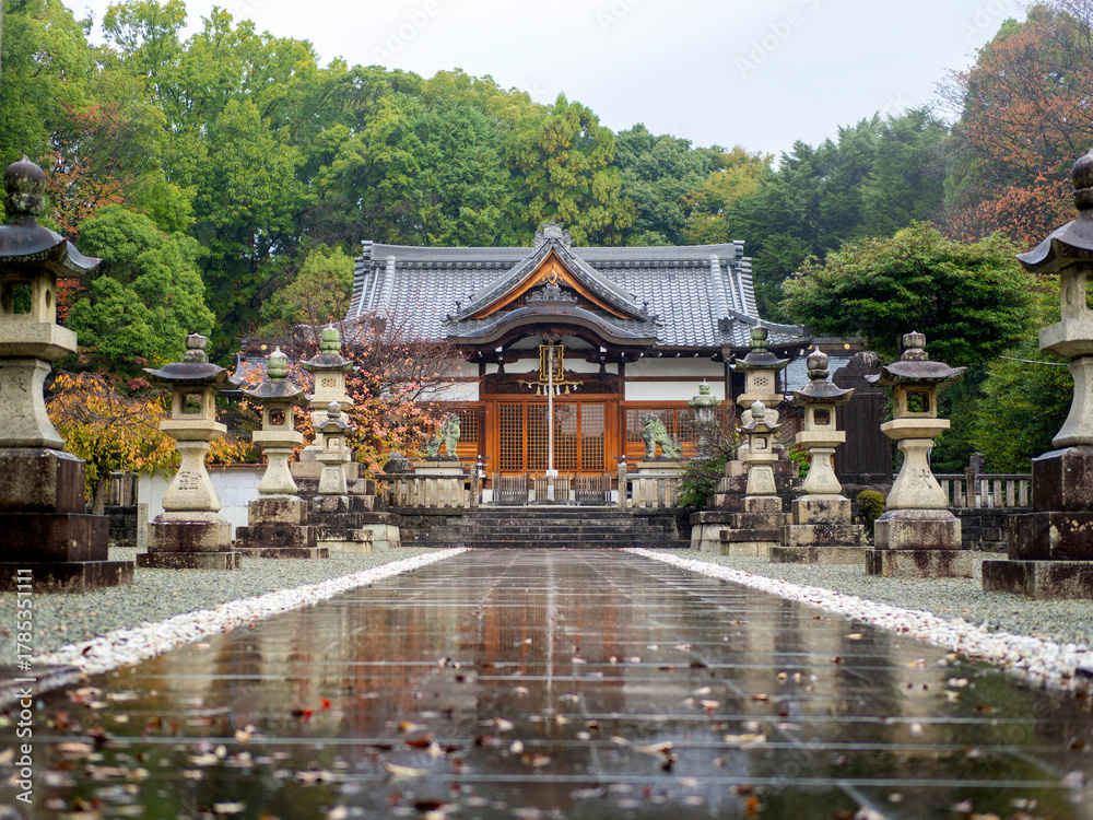 Obraz premium 雨に濡れた神社の参道