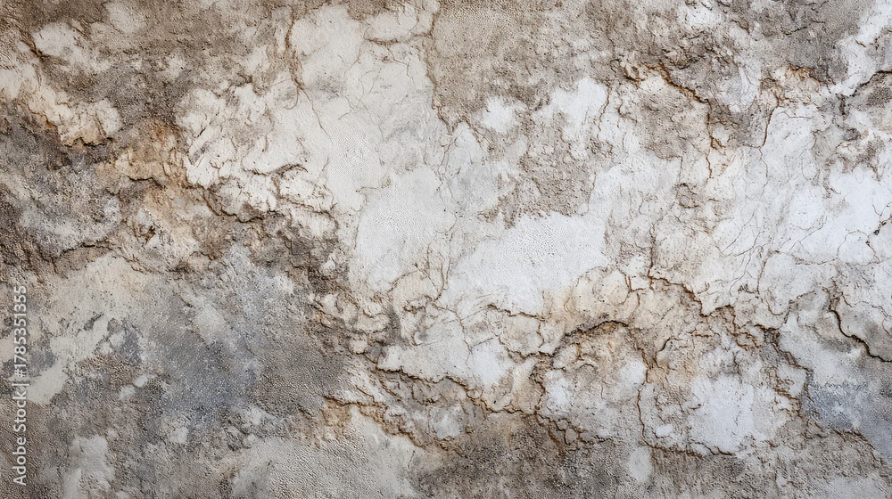 Fototapeta premium Textured Wall Surface with Cracks and Peeling Layers in Neutral Earthy Tones for Background Use