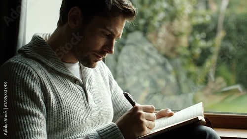 A person sits near a window, writing in a notebook with a pen, contemplative and thoughtful