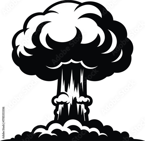 Black and white stylized mushroom cloud vector symbolizing atomic explosion, nuclear war, destruction, dramatic impact, danger, and catastrophic force.