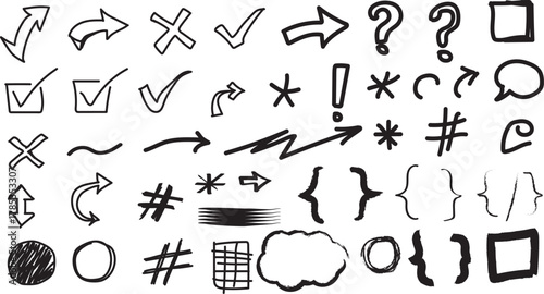 Collection of hand drawn doodle icons and symbols including arrows checkmarks question marks and brackets